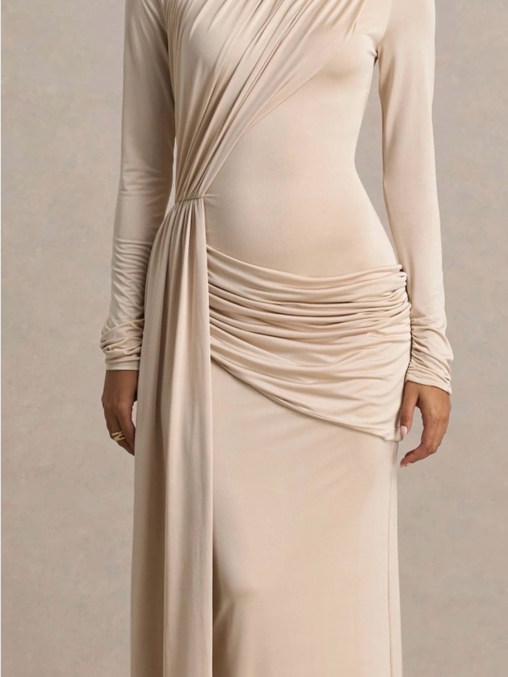 Elegant Long-Sleeve Ruched Beige Maxi Dress